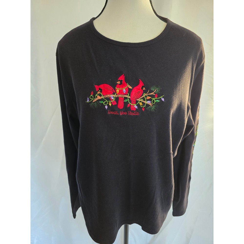 Mountain Lake Women's XL Black Long Sleeve Cardinal Christmas Lights Embroidered